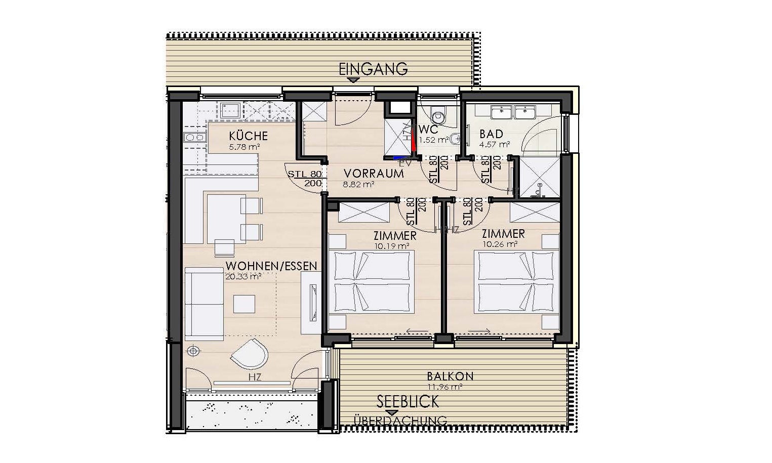 Beispielgrundriss Terrassenappartement für 6 Personen