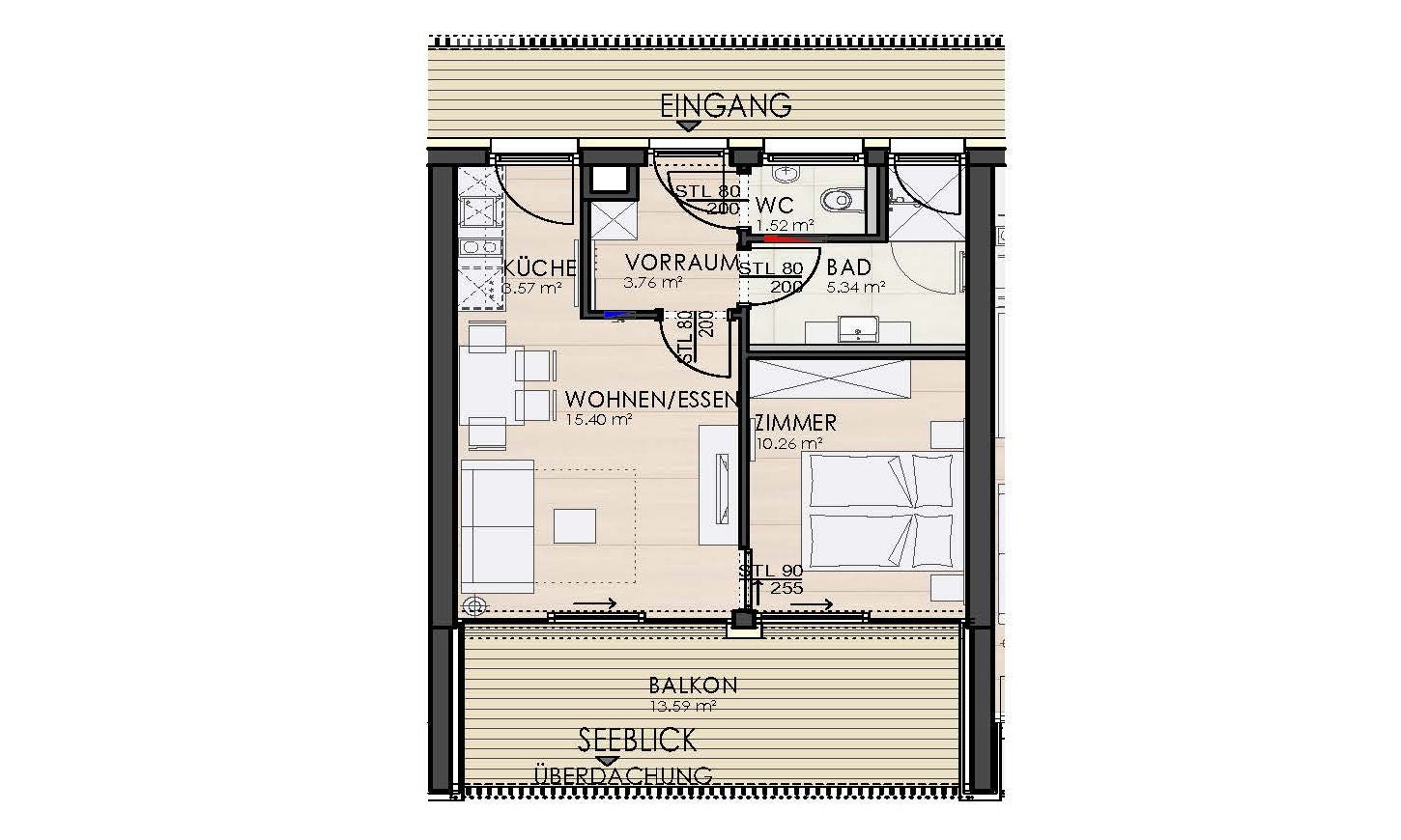 Beispielgrundriss Terrassenappartement für 4 Personen